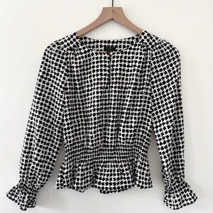 NWT Petite Ann Taylor Black and White Peplum Blouse with Puff Sleeves